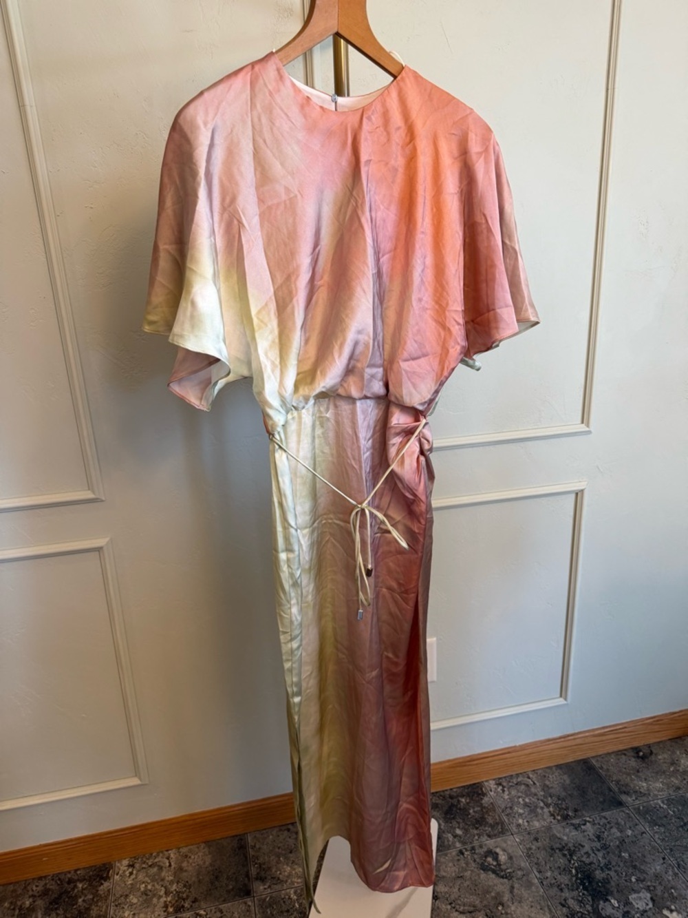 Zara Satin Midi Dress Watercolor Gradient Peach & Cream MSRP $70 - Picture 2 of 4